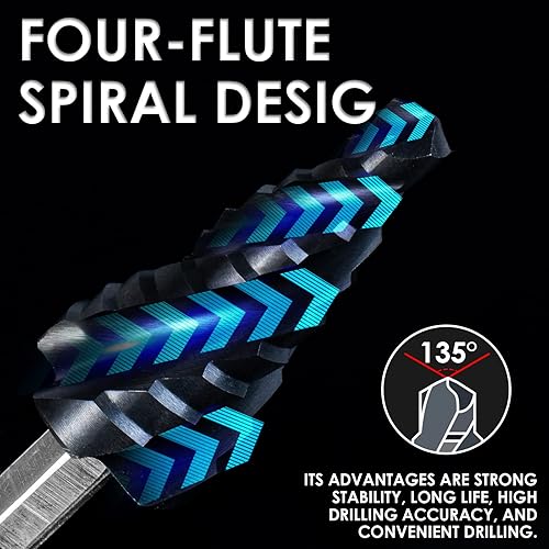 Miniatura 2 de Broca de paso de cobalto M35, broca de paso Unibit de cuatro espirales (14 a 34 pulgadas) resistente al desgaste con revestimiento TiAlN, vástago