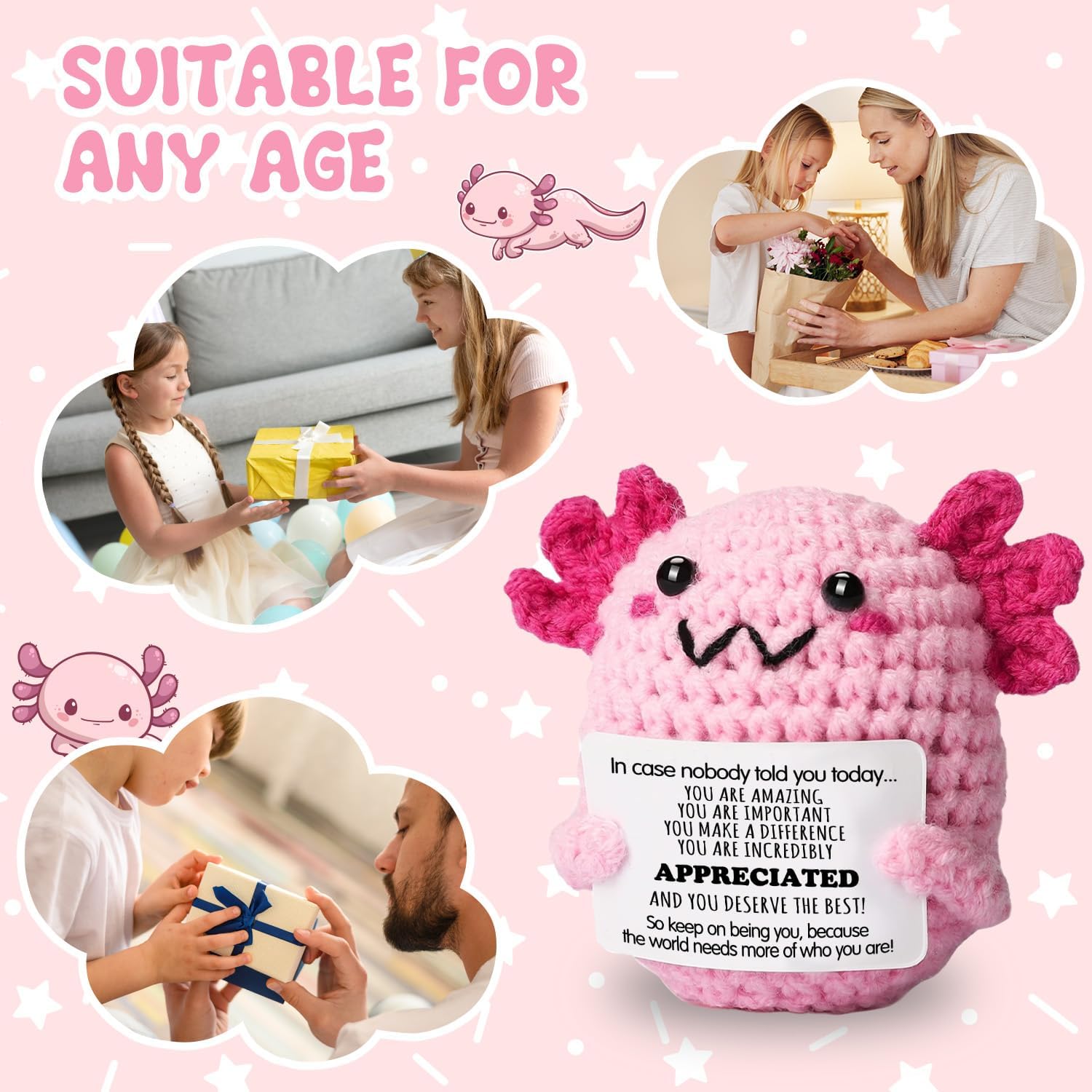Positive Crochet Axolotl, Emotional Support Animals, Handmade Axolotl Decorations for Family Women Men Worker, In Case Nobody Told You Today, Mini Funny Positive Animals