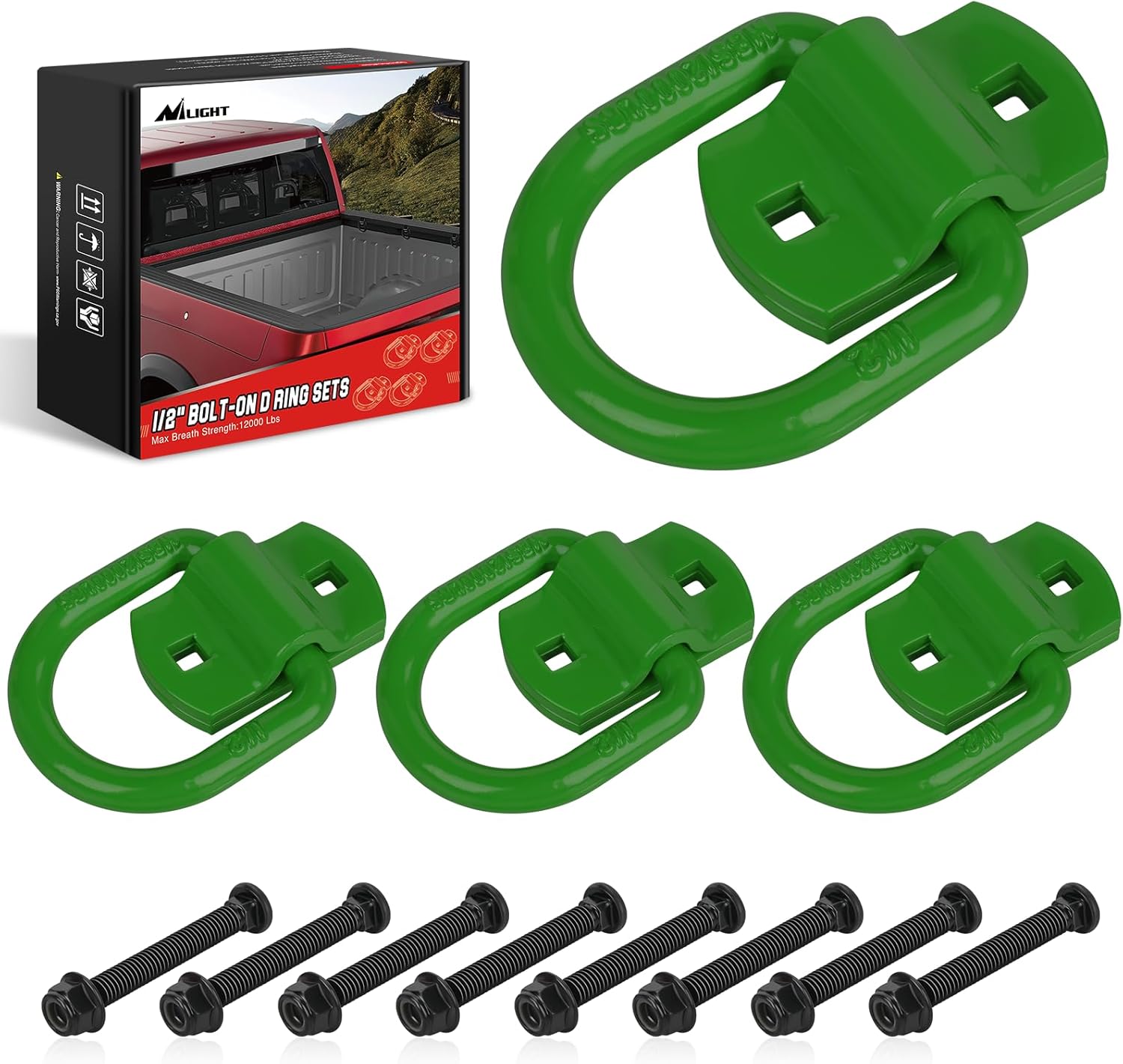 Nilight 4 PCS D Ring Tie Down Anchor 1/2" Heavy Duty Rings with Screws Bolts on Trailer Truck Bed Cargo 12000 Lbs Break Strength Hook Green