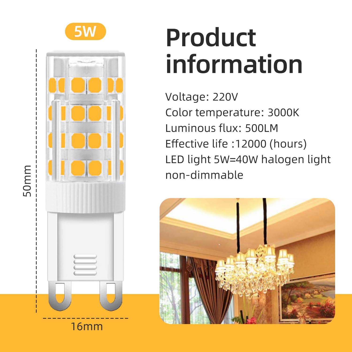 g9 ledLampadina G9 LED 5W (5 pezzi) Equivalente a 40 Watt G9 alogena 500LM 3000K Luce bianca calda 220V Senza sfarfallio Non dimmerabile Adatta all'illuminazione del soggiorno e della camera da letto.