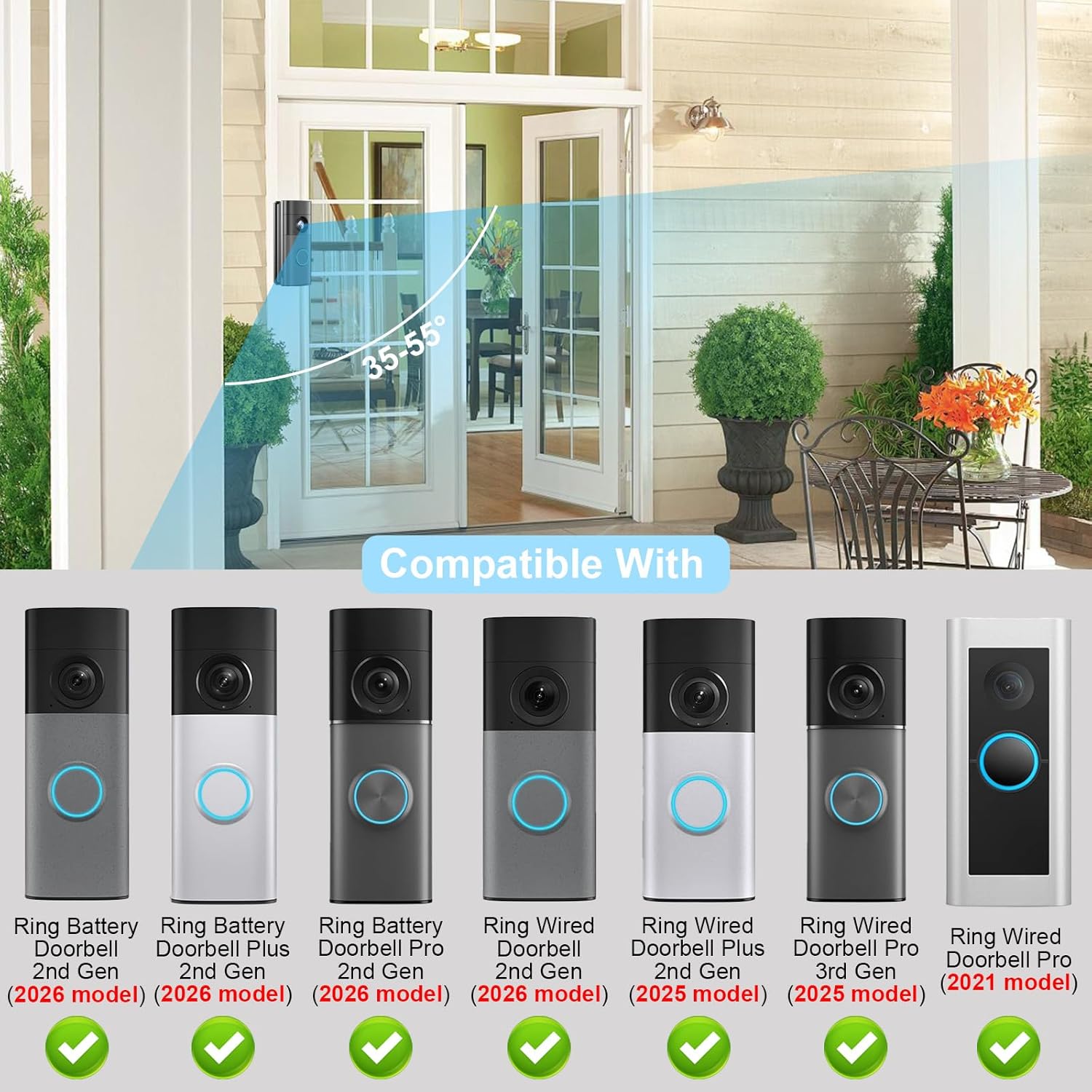 Doorbell Angle Mount for Ring Battery Doorbell/Plus/Pro(new model-2026 Release) & Wired Doorbell/Pro/Plus, 35-55° Adjustable Corner Mounting Bracket, Wedge Kit Left/Right Door Holder for House