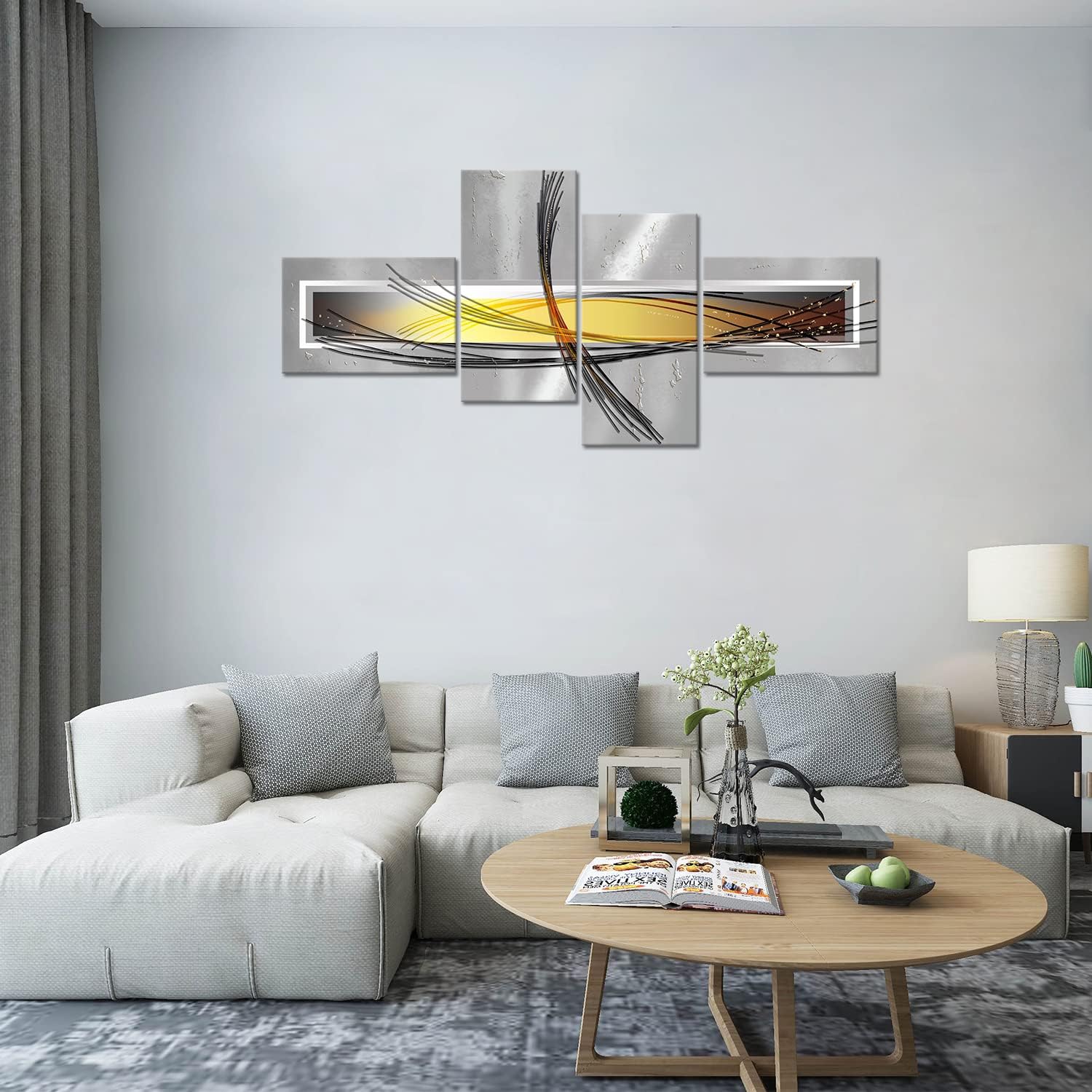 Large Abstract Wall Art,Yellow and Grey Wall Art for Living Room Canvas Print Contemporary Modern Artwork Picture for Home Living Room Bedroom Wall Decor