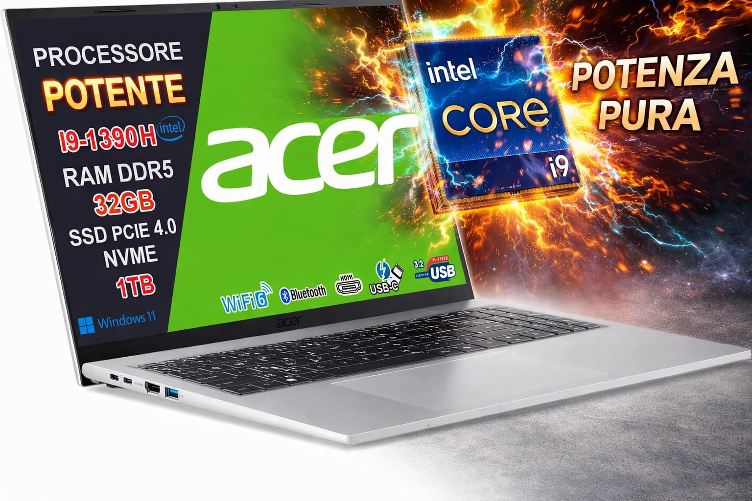 Acer Aspire Go 16 Notebook, Intel Core i9-13900H, RAM 32GB DDR5 6400MHz, SSD 1TB NVMe, 16" WUXGA IPS 120Hz 16:10, USB-C, HDMI 2.1, Wi-Fi 6, Backlit Keyboard, Windows 11 Home - 2
