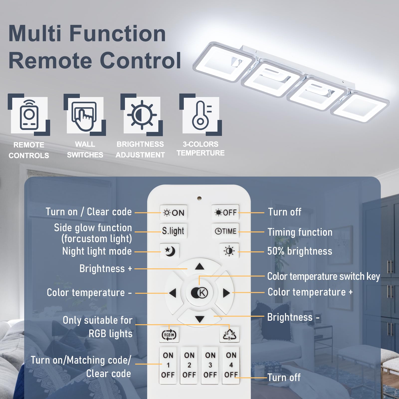 Lámpara de techo LED regulable (69 cm, con mando a distancia, 3000-6500 K, 4 cuadrados, plata, lámpara de techo para pasillo, comedor, dormitorio, oficina, cocina, salón