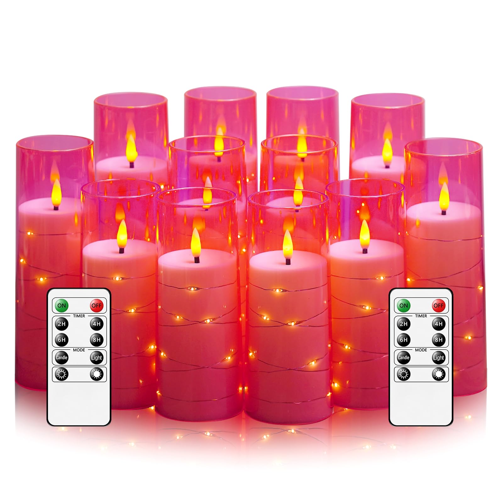 Sasigeiaa Flameless Candles with Embedded Star String - Battery Operated LED Candles, with Remote,12 Pink Flickering Candles for Christmas, Weddings, Home Decor &amp; Party,(D 2.3"×H 5" 6" 7")