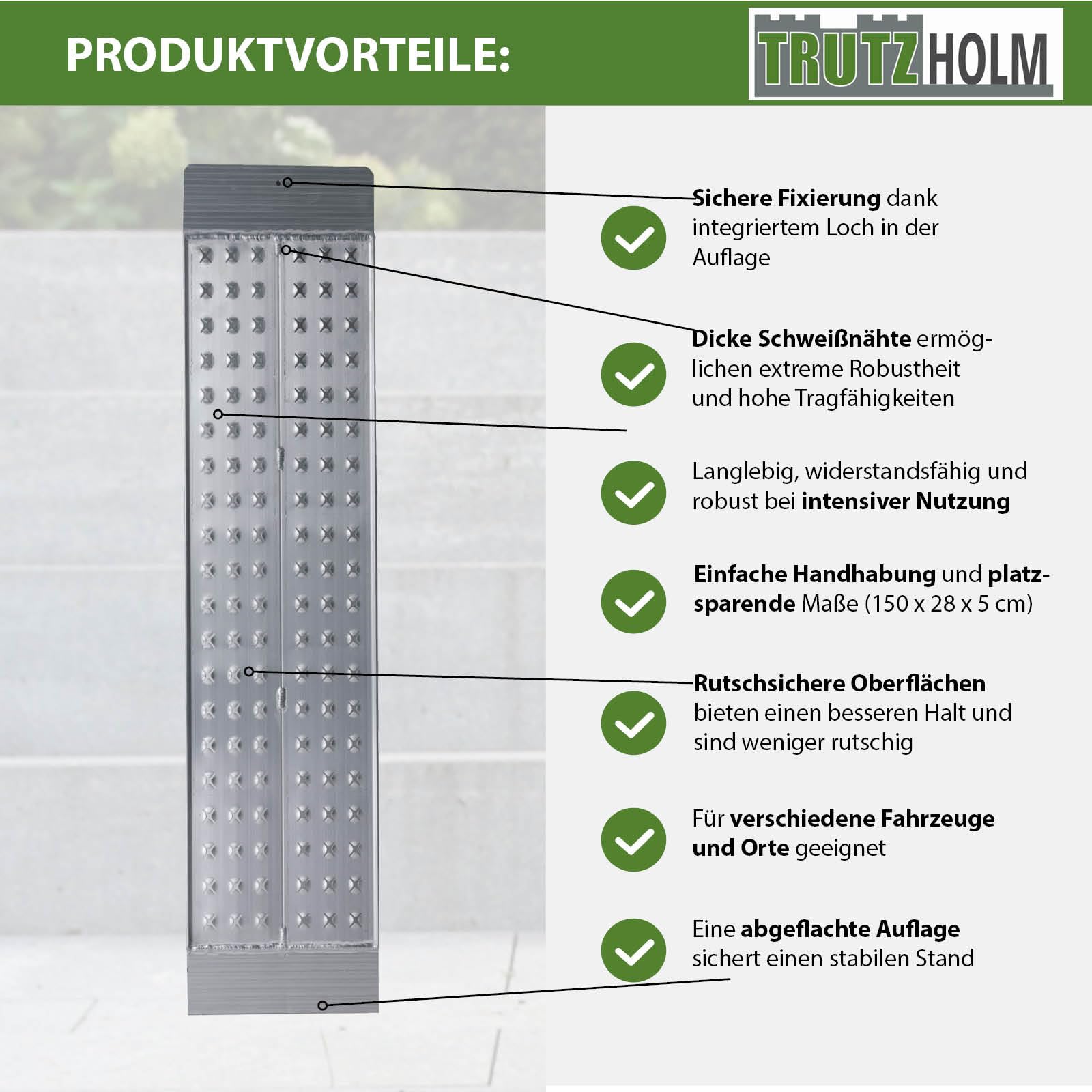 TRUTZHOLM 1x Auffahrrampe Aluminium Gesamtlänge 150 cm Breite 28 cm Traglast 270 kg gelochte rutschfeste Lauffläche Verladerampe Motorradrampe Verladehilfe Rampe für Motorrad Mofa E-Bike Fahrrad