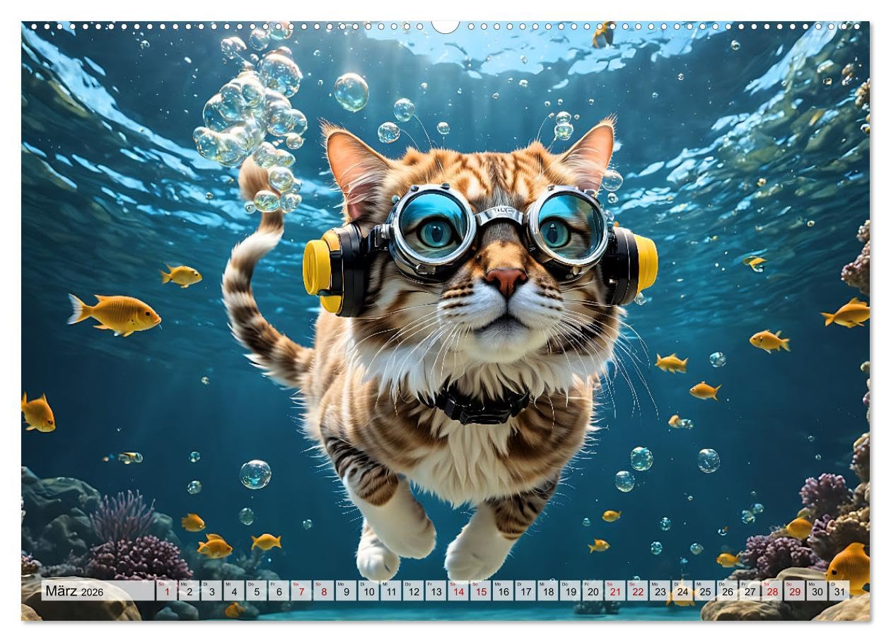 Katzen unter Wasser (Wandkalender 2026 DIN A2 quer), CALVENDO Monatskalender: Amüsante Bilder tauchender Samtpfoten verschiedener Rassen in einer traumhaften Unterwasserwelt (CALVENDO Tiere)