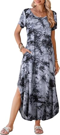 BELAROI Plus Size Maxi Dress Summer Dresses for Women Casual with Pockets Split Long Dress Beach Coverup Loose Short Sleeve 2X, B-Black