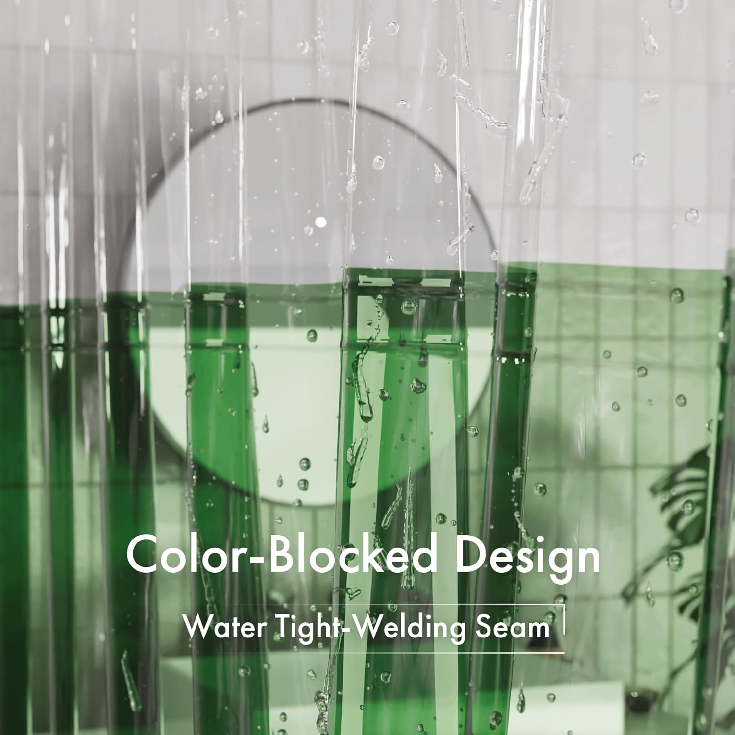 AmazerBath 100% EVA Shower Curtain Liner, 72 x 72 Inches Heavy Duty Shower Curtain and Liner 2-in-1 with 3 Clear Stones and 12 Brass Grommets, Color Block Soft Shower Liner - Clear & Pine Green Rainbow Flip Emerald