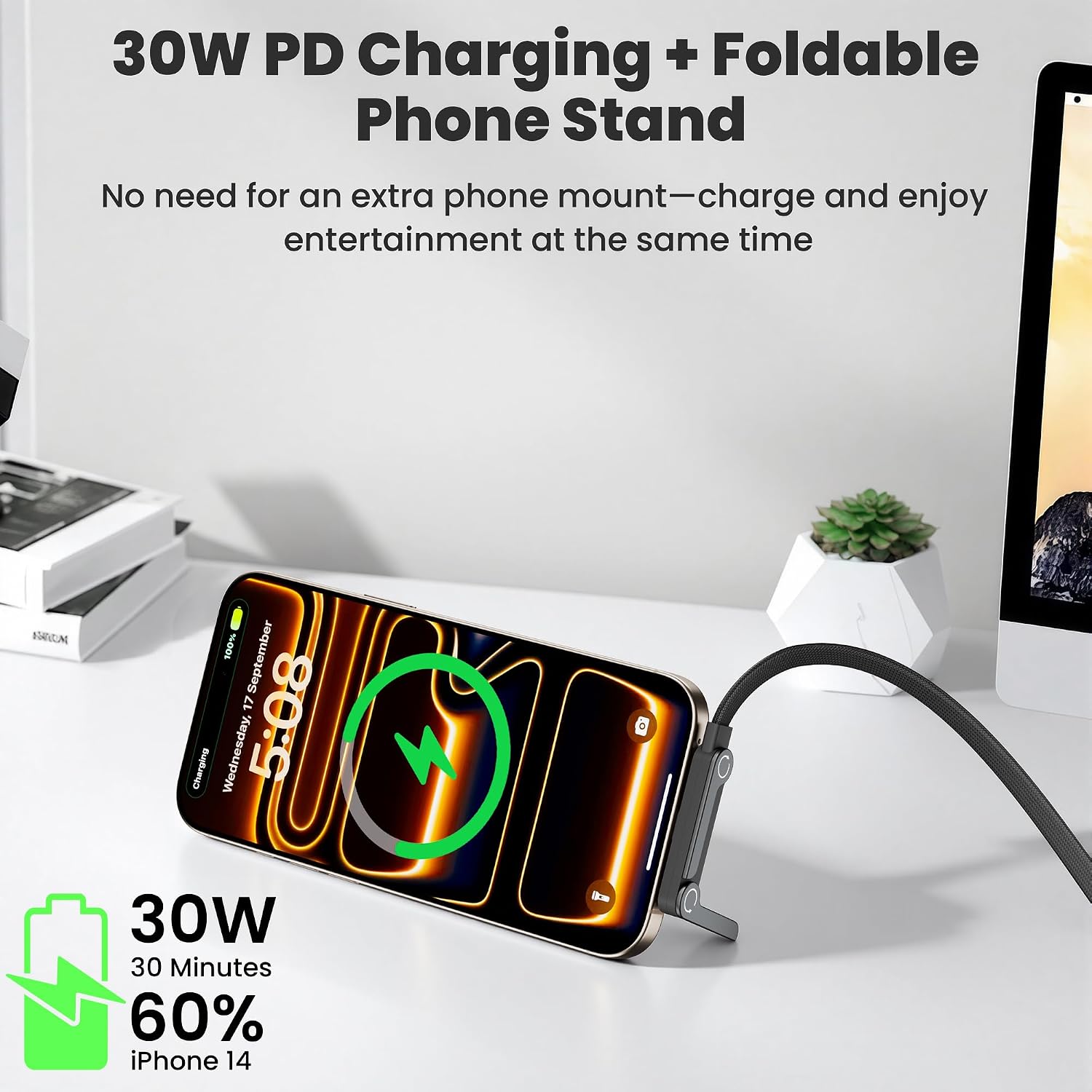 2 Pack USB C to Lightning Cable with Built-in Metal Phone Stand, PD 30W Invisible Holder Charger Cable, 90 Degree Braided Flat Lightning Charging Cable, Foldable Data Cable Standing for iPhone 14-5