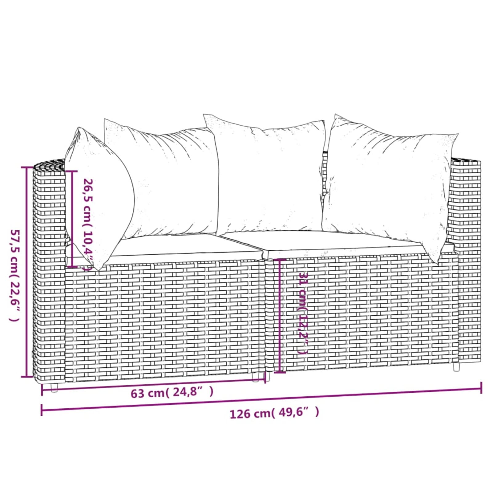 Divani Angolari da Giardino, con Cuscini in Polyrattan Nero e Bianco, Struttura in Acciaio Verniciato a Polvere, Set da 2 Pezzi, 63x63x57,5 cm, per Esterno e Terrazza