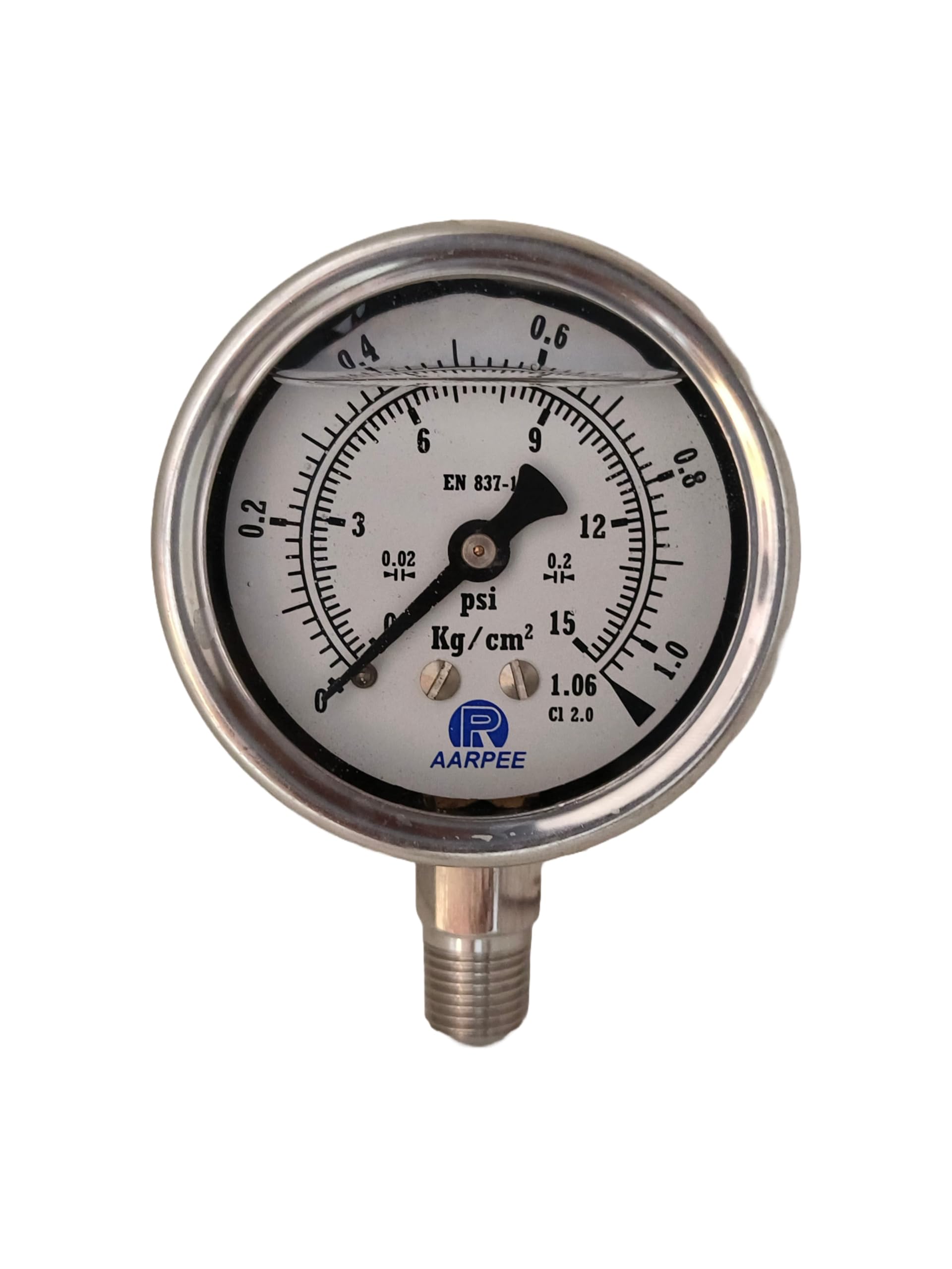 Pressure Gauge, 63mm (2.5inch), 0-15 PSI (0-1.06 Kg/cm²), SS304 Casing, +/-2% (1/4" NPT)