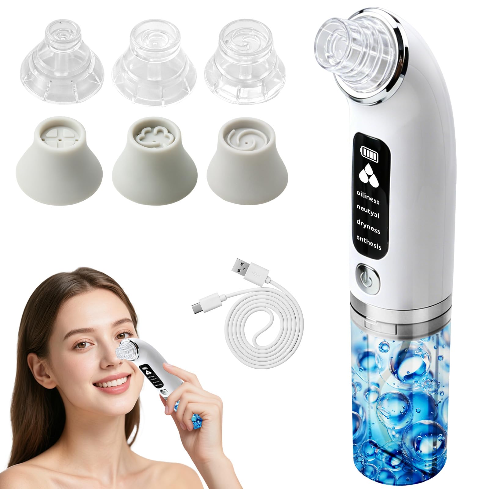 Succionador de Puntos Negros y Limpiador de Poros Facial Eléctrico, Extractor de Puntos Negros con 6 Cabezales y 3 Modos para Limpieza Profunda, Quita Puntos Negros y Acné, Recargable USB