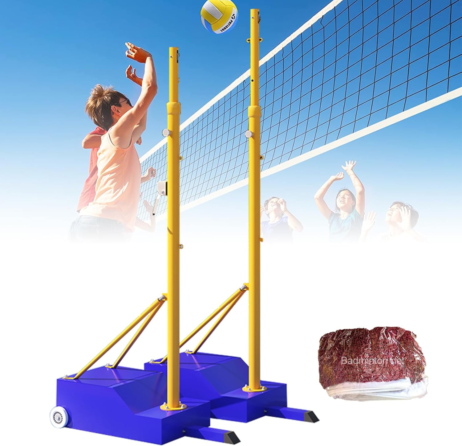 Volleyball Poles and Net Set, Adjustable Height with Quick-Fix System & PU Wheels, Multi-Sport Use for Badminton and Tennis