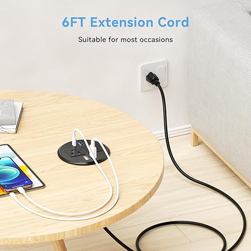 Miniatura 7 de BTU Ojal de alimentación de escritorio con PD de 20 W USB C de carga rápida, enchufe de alimentación empotrado con 2 salidas de CA, regleta de