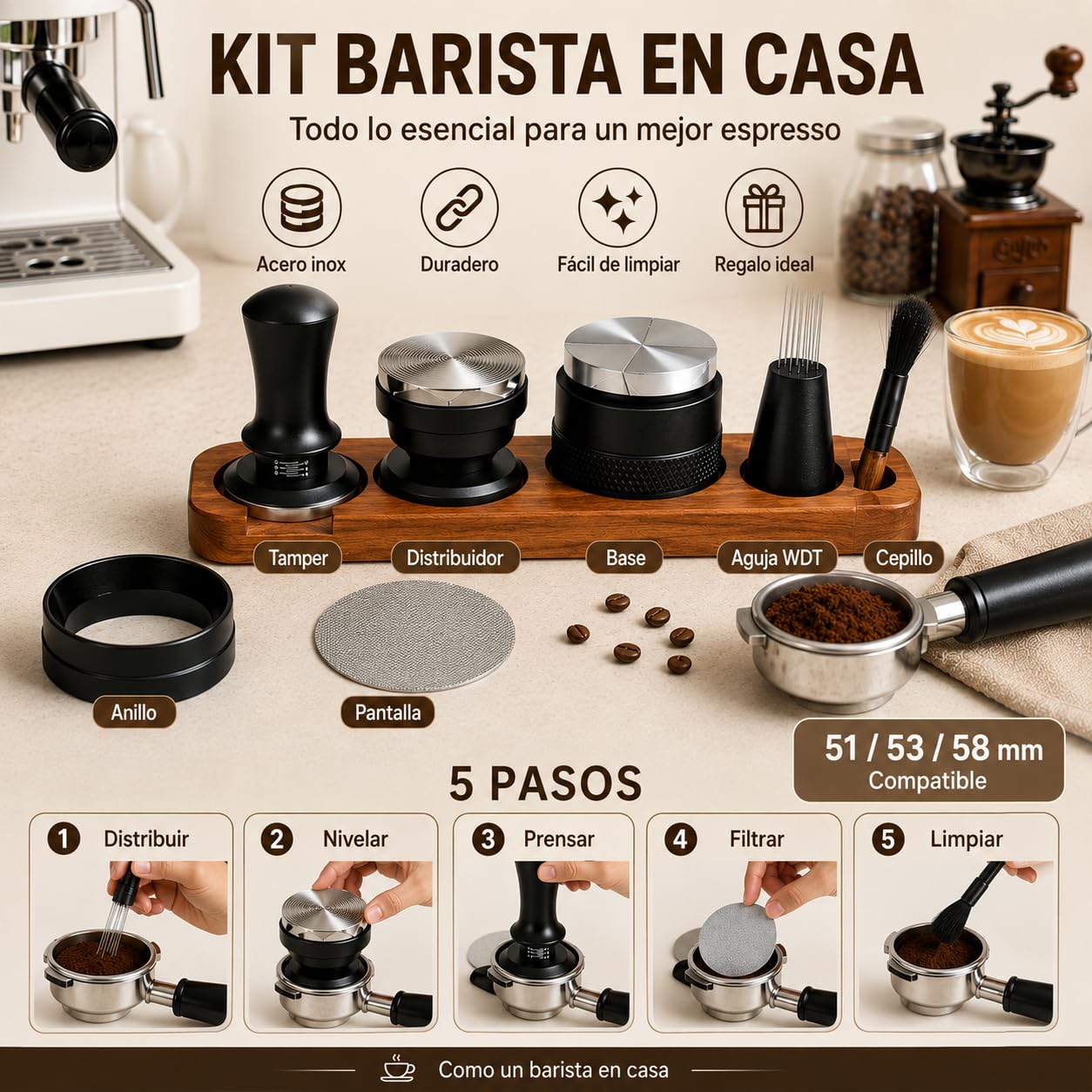 Set de 7 Accesorios para Café Espresso con Tamper, WDT y Base de Madera (58mm)