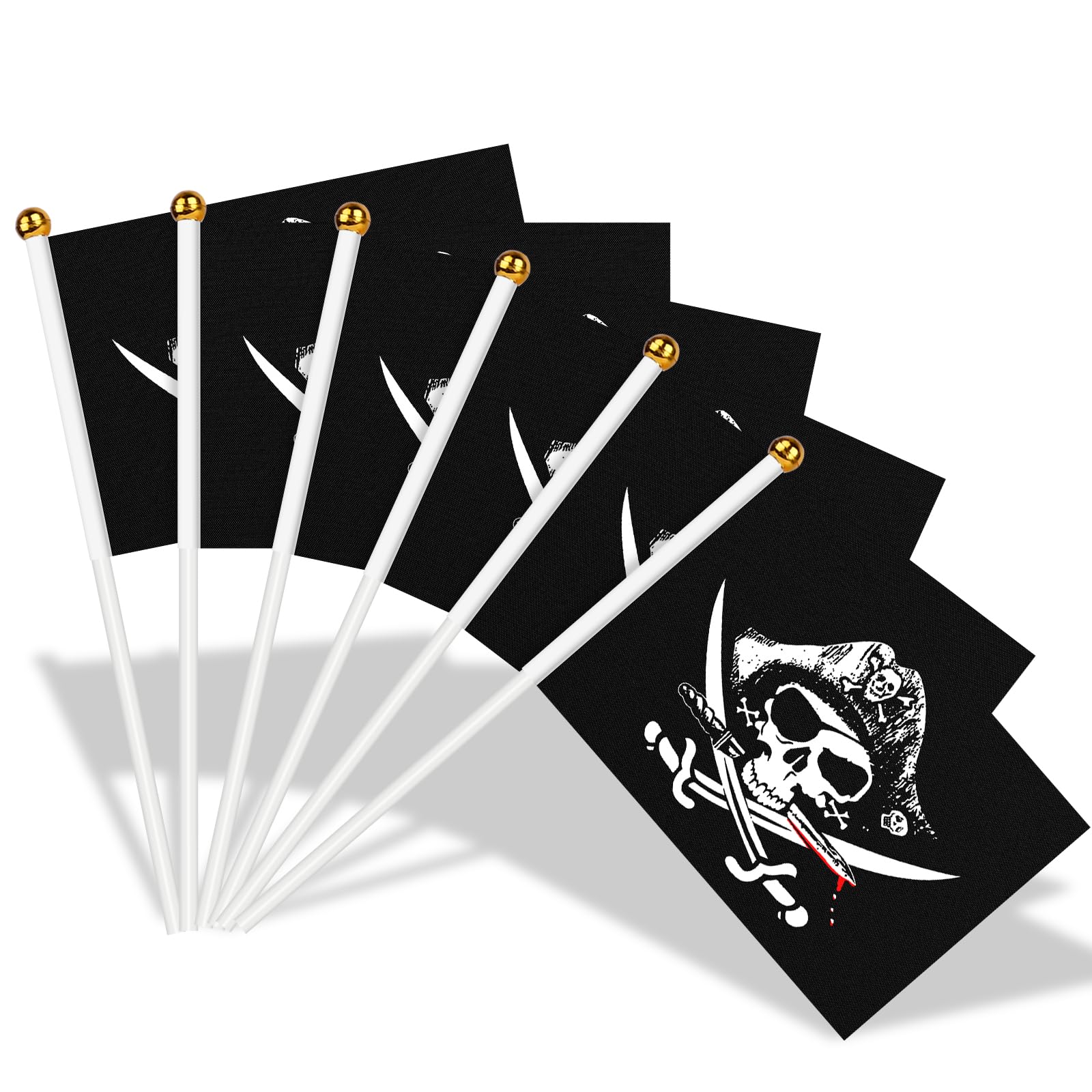 AhfuLife 15pcs Pirate CrossKnife Flags on Sticks for Pirate Themed Party Decorations, 14 x 21cm Hand Held Jolly Roger Small Flags with 30cm White Pole for Halloween Indoor Outdoor Decorations — image 1