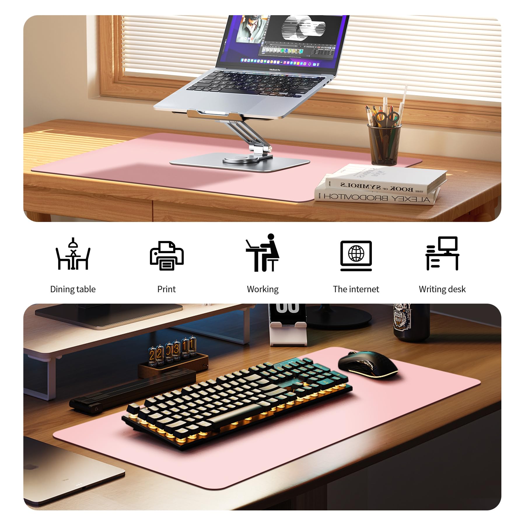 BUBM Sous-main de bureau 120x60cm, tapis de souris en cuir premium, sous-main de table antidérapant, tapis de souris multifonctionnel pour bureau, accessoire de bureau pour bureau et home office (Rose
