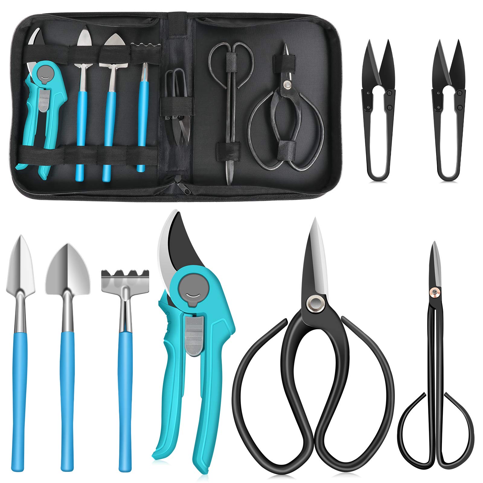 TOHOMES 9 pcs Bonsai Tools Set, High Carbon Steel Garden Tools Set with Portable Bag, Gardening Tool Set for Women Men Gift, Bonsai Tool Kit Included Pruning Shears, Scissors, Mini Rake, Shovel