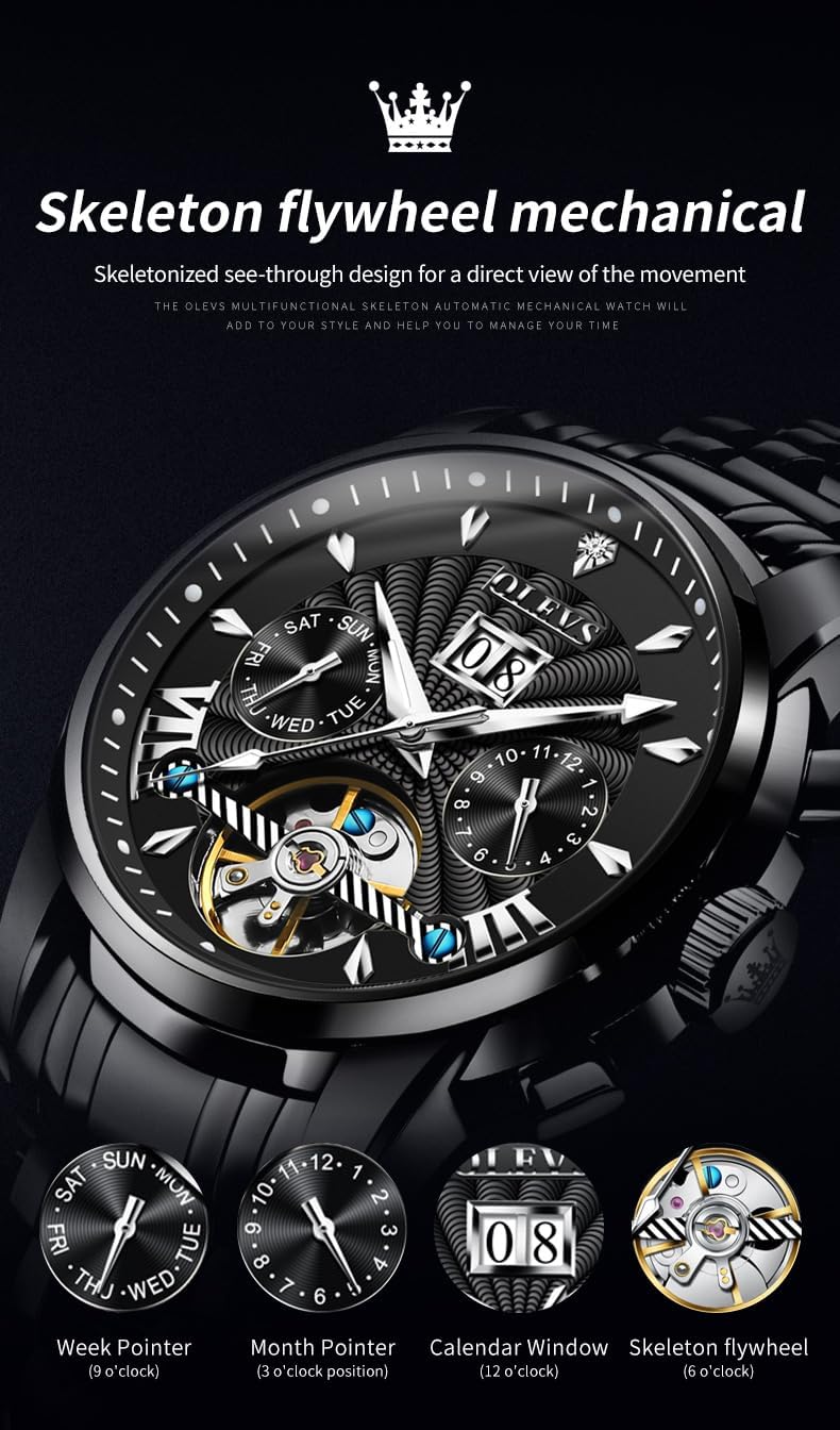 OLEVS Watches for Men Automatic Skeleton 5 Hands Mechanical Luxury Watch Classic Calendar Stainless Steel Waterproof Mens Wrist Watch - Image 6