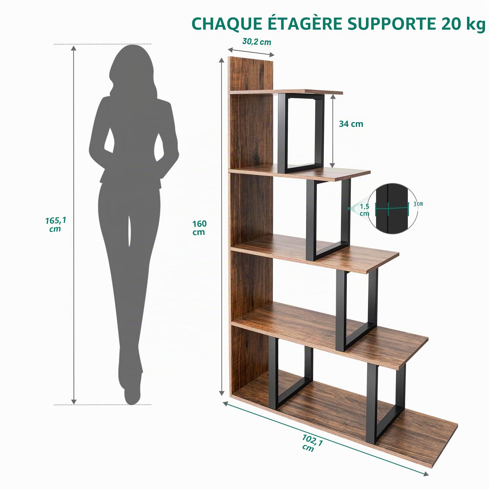 YITAHOME Bibliothèque d'angle Autonome en Forme de L à 5 Niveaux, étagère de Rangement Vintage Industrielle pour Salon, Chambre à Coucher, Couloir, Bureau, Marron rétro