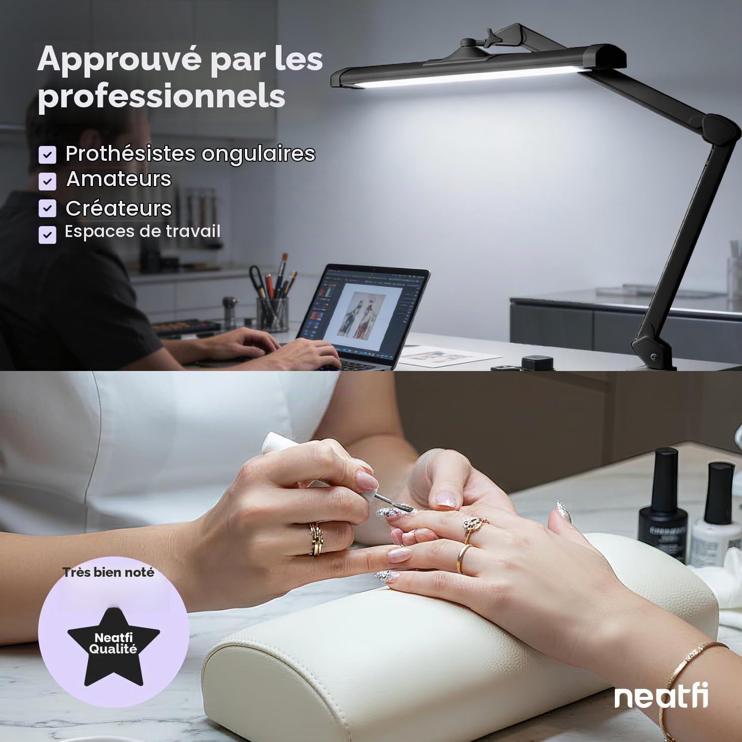 Neatfi Ultra Lampe de bureau – 3 500 lumens, LED 45 W, abat-jour large de 66 cm, 5 niveaux de luminosité, fixation par pince, lumière sans ombre ni scintillement (Noir, Non-CCT avec Pince)