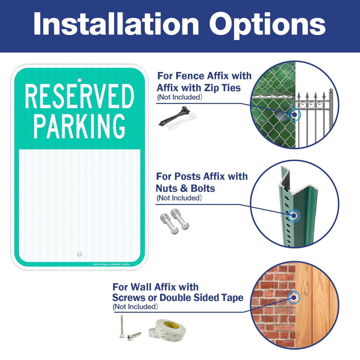 Faittoo Señales de estacionamiento reservadas en blanco, paquete de 4 letreros reflectantes de aluminio de grado de ingeniero, resistentes a la intemperie y a la decoloración, protección UV, fáciles