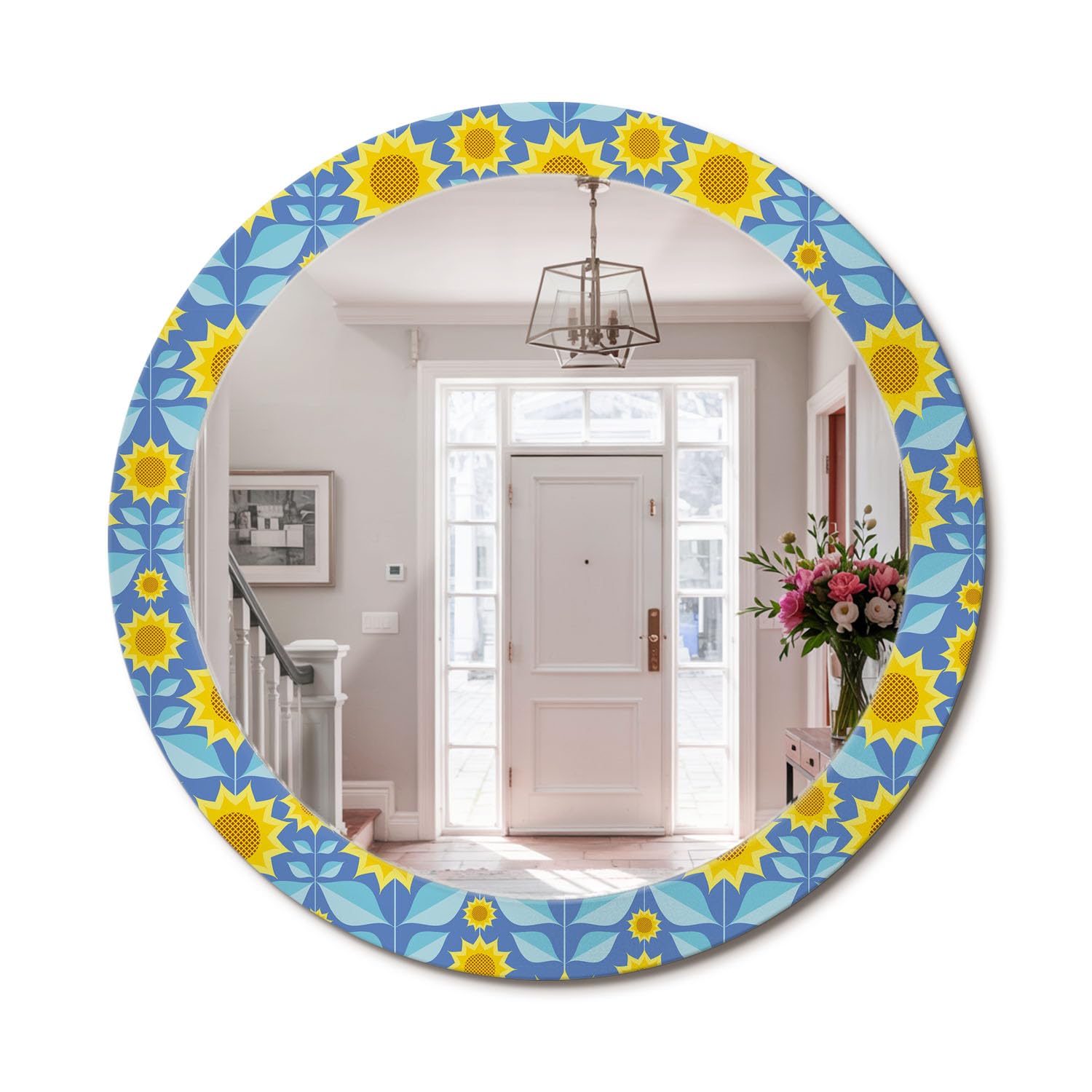 Miroir rond fi80 avec cadre en verre imprimé tournesols géométriques pour salon