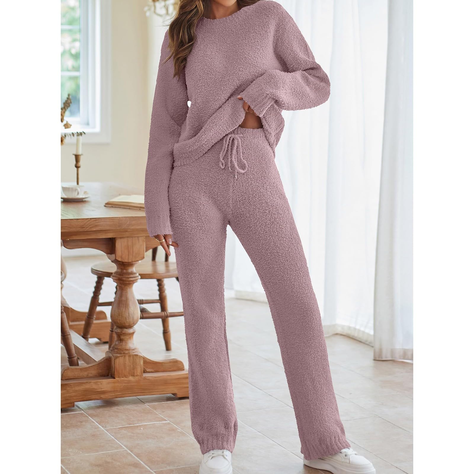 Generisch Traje de casa para mujer, invierno, tallas grandes, dos piezas, manga larga, Homewear | Loungewear - Conjunto de 2 piezas de chándal para mujer, de forro polar, cómodo y cálido