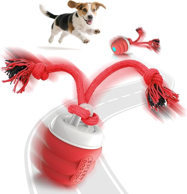Interactive Dog Toys – Dog Balls for Small Dogs, Dog Toy for Boredom, Active Rolling Ball with Tail for Dogs, Rechargeable Moving Dog Ball for Puppies and Pet (Red)