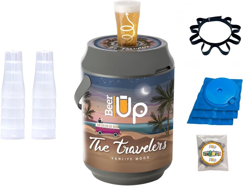 BEER UP 'Travelers' : 10 verres + 1 ceinture + 1 kit de remplissage-tireuse à bières portative-pour fûts Beertender-20h de froid sans électricité-remplissage par le fond des verres