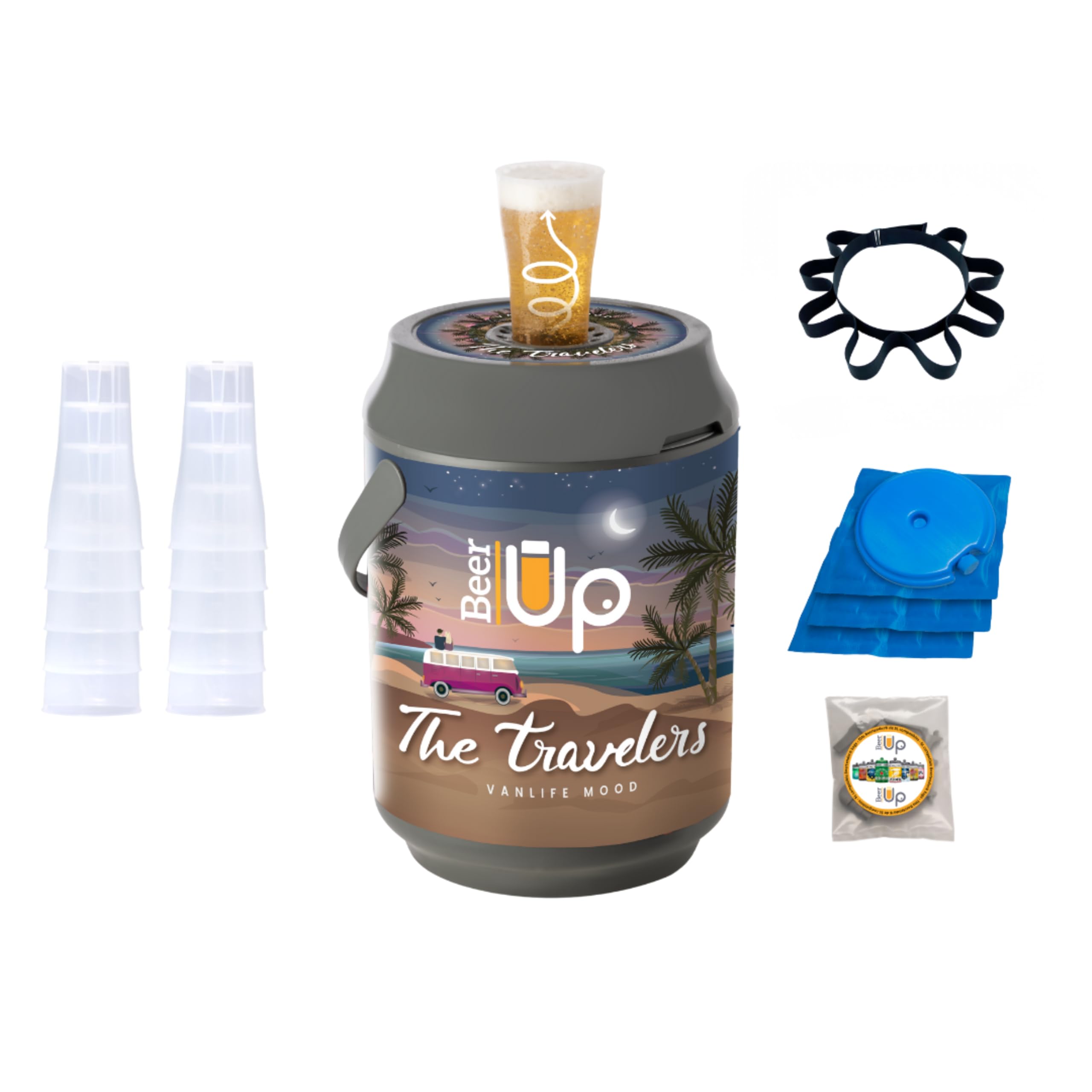 BEER UP Travelers Tireuse à Bière Portative 10 Verres + Ceinture + Kit Remplissage 20h Froid Sans Électricité