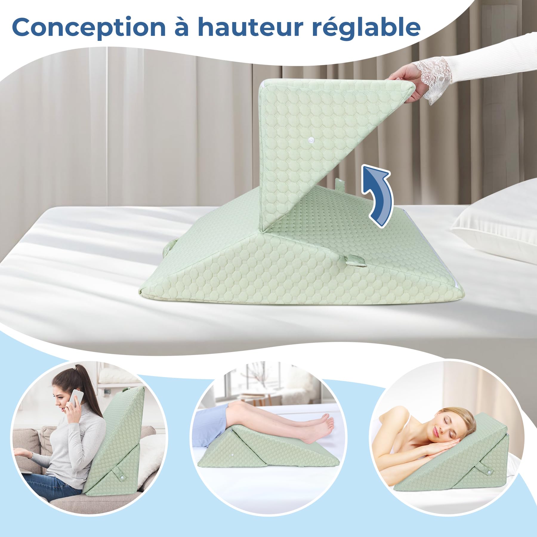 INFANZIA Cojín reclinado para cama, cojín de esquina, almohada de triángulo plegable en memoria de forma para apnea del sueño, reflujo ácido, elevación de las piernas, leer, verde