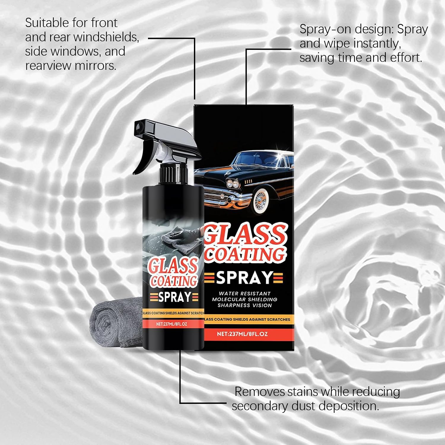 Car Glass Cleaner, 237ml Glass Coating Spray for Anti-Rain Protection, Agent with Towel for Morning Winter Night Driving Daily Commute Highway Garage Truck Visibility Safety