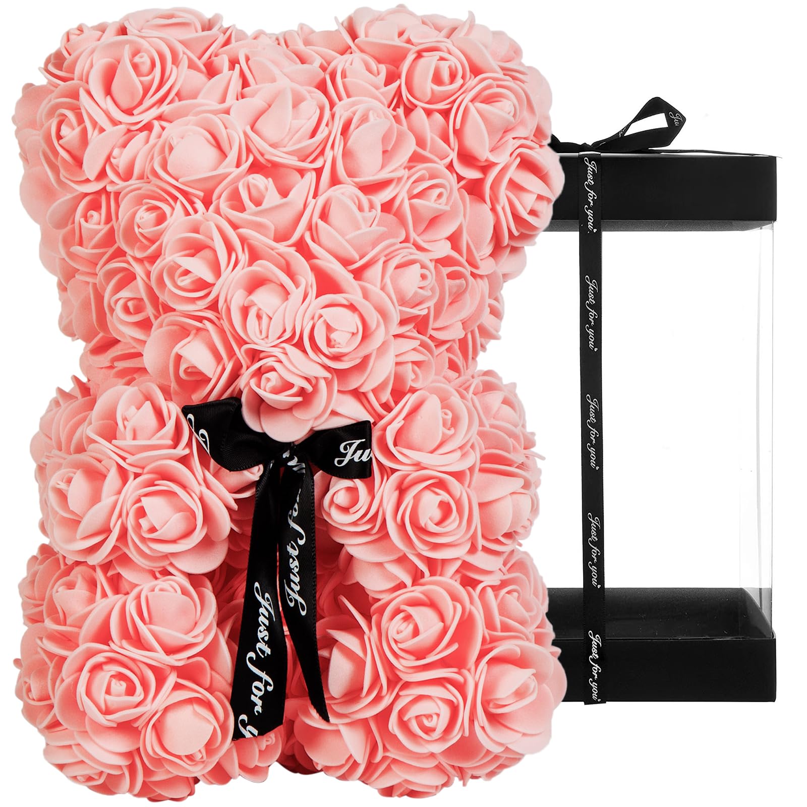 DuHouse Rose Bear Rose Teddy Bear Flower Gift Black Box for Valentines Gifts Anniversary Christmas,Birthdays Bridal Showers -Fully Handmade 10 inch Flower Bear Clear Gift Box (Peach) — image 1