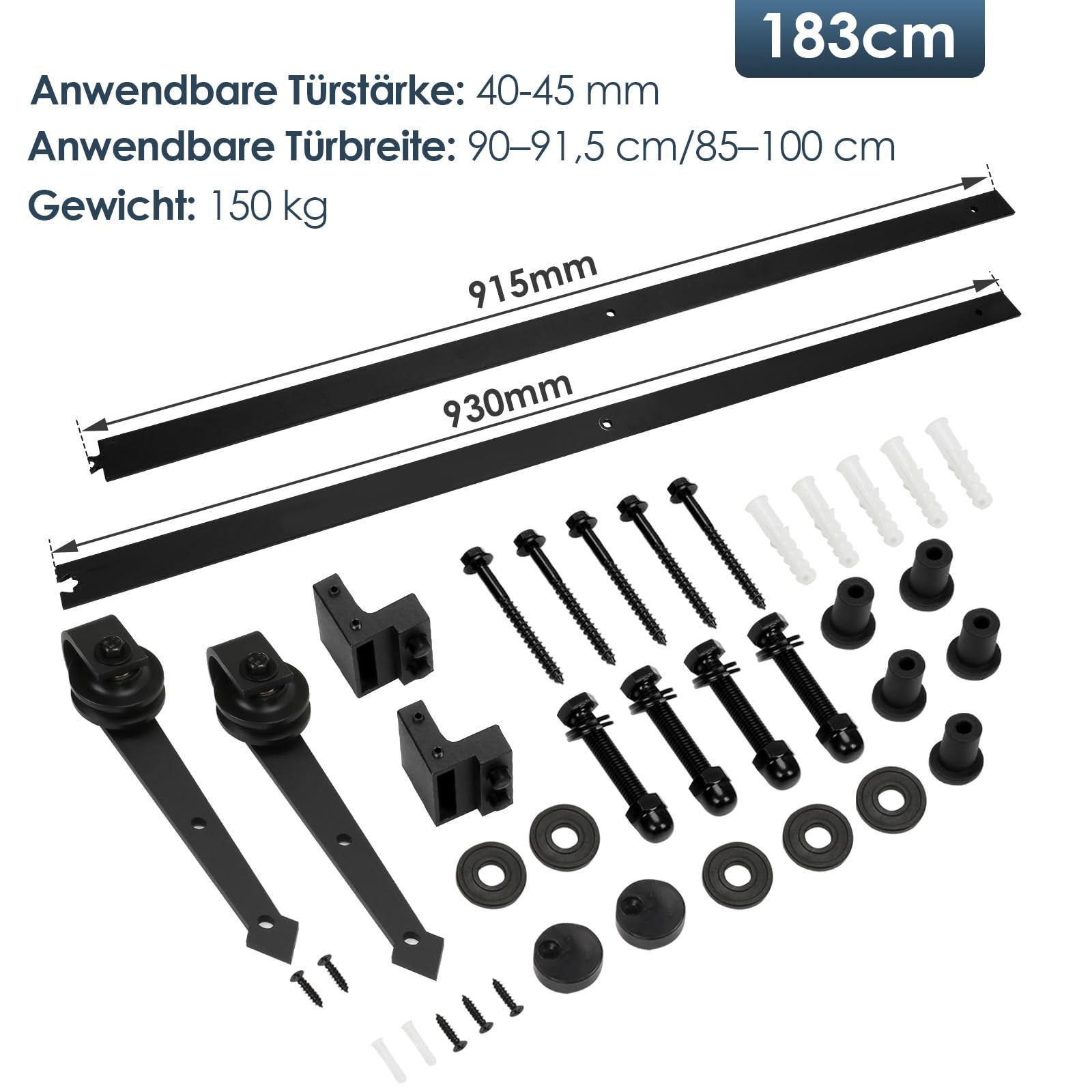 Zestaw okuć do drzwi przesuwnych, 183 cm, kształt strzałki, system drzwi przesuwnych, nośność 150 kg, szyna wisząca do pojedynczych drzwi drewnianych