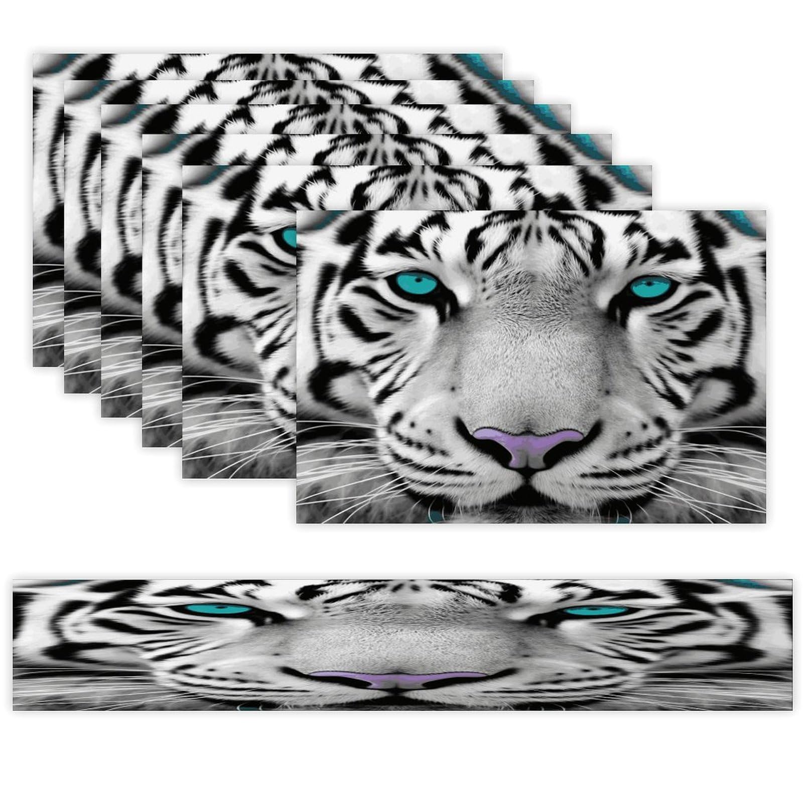 Tiger with Teal Eyes Table Runner and Placemats Set of 6 Wipe Clean Heat Resistant Table Mat with Table Runner Decorations Flax Linen Place Mat Set for Home Kitchen Party Supplies