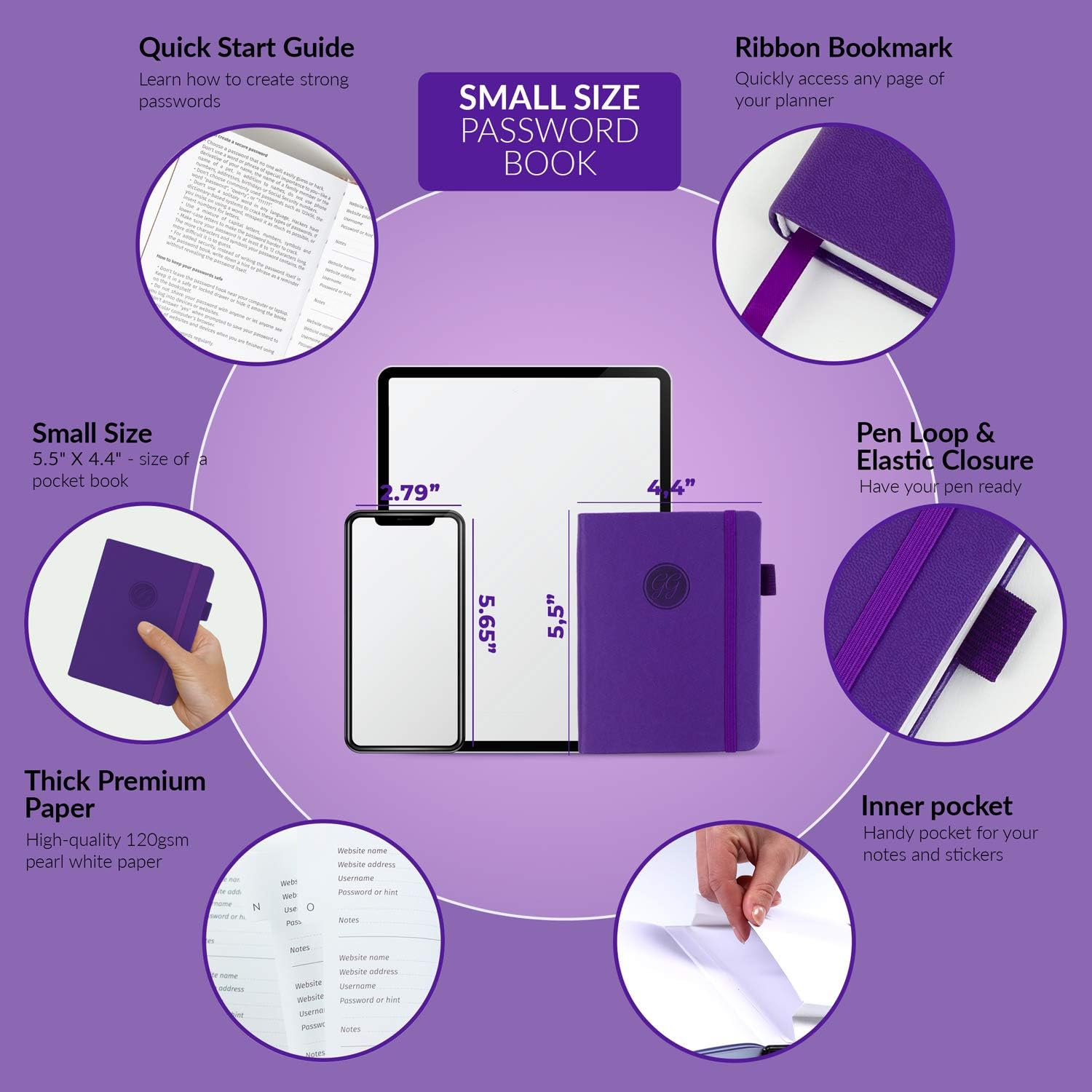 GoGirl Password Book with Alphabetical tabs – Internet Address & Password Keeper Logbook for Password Organization, Journal Notebook for Saving Website Logins. Small Size 4.0″ x 5.5″, Purple : Office Products