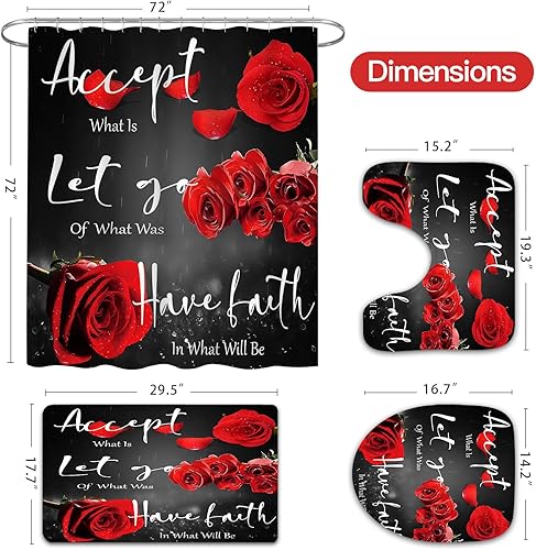 Miniatura 7 de Juego de 4 cortinas de ducha de rosas rojas con alfombra antideslizante, cubierta para tapa de inodoro y tapete de baño, Thankful Grateful Blessed