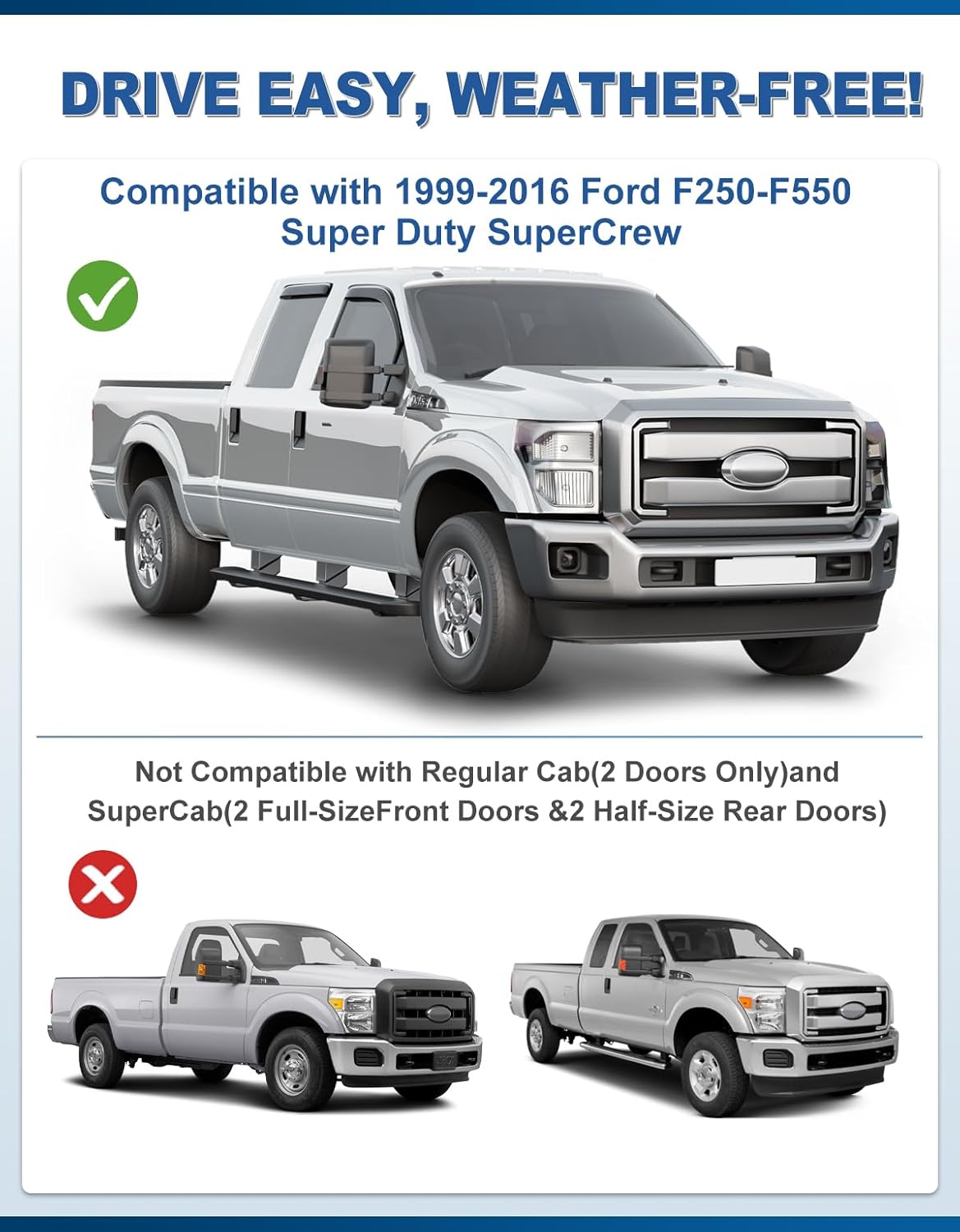 in-Channel Window Rain Guards Fit for 1999-2016 Ford F250-F550 SuperCrew,Rain Guards Visors Vent Visors Window Deflector, Vent Shades Car Accessories -4 pcs