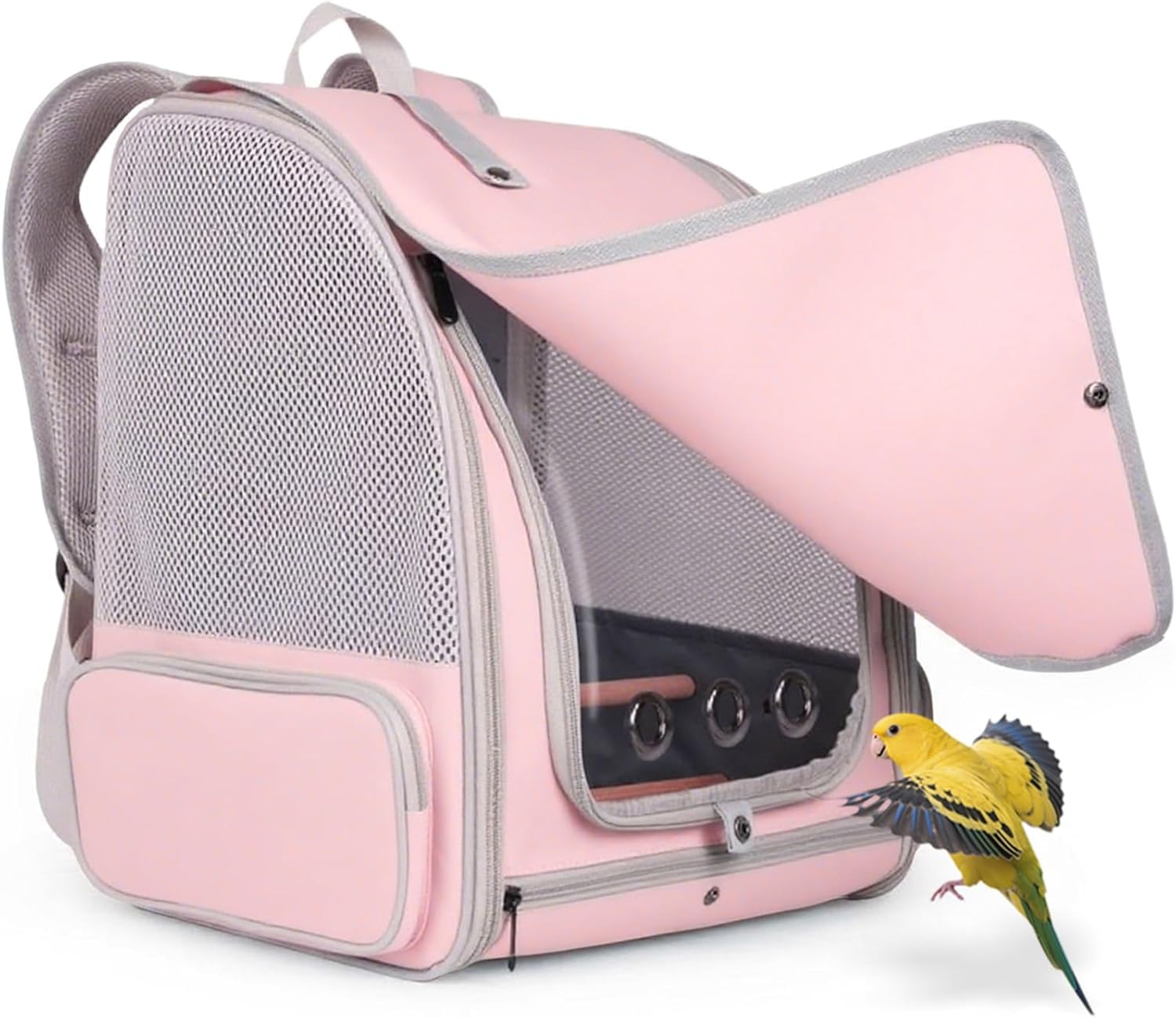 Bird Backpack Carrier Cage with Front Zipper Opening, Standing Perches and Metal Tray, Portable Travel Bag for Parakeet, Budgie, Conure, Cockatiel, Parrot (Pink) — image 1