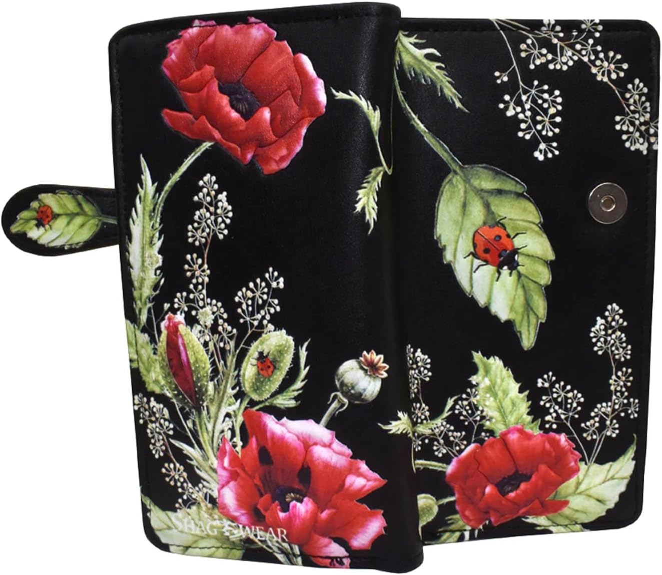 Shag Wear Ladybugs and Poppies Large Wallet Vegan Faux Leather Floral Garden Design Clutch with Card Slots Bill Compartments ID Window Zippered Coin Pocket 7" Black