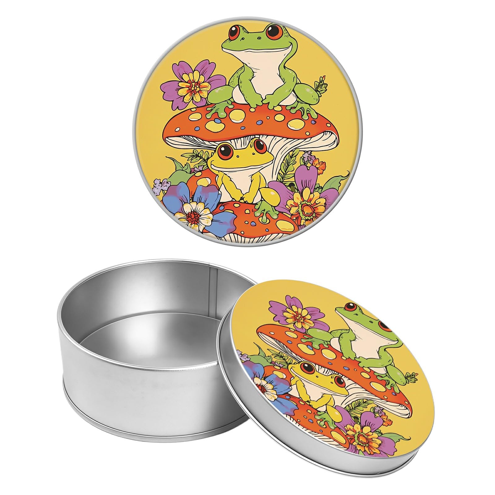 Round Metal Tin Container with Removable Lid, Mushrooms Frog Durable Metal Storage Box for Crafts Snacks Candies Office Supplies Small Items 3.54 x 1.38 inch– Single Pack