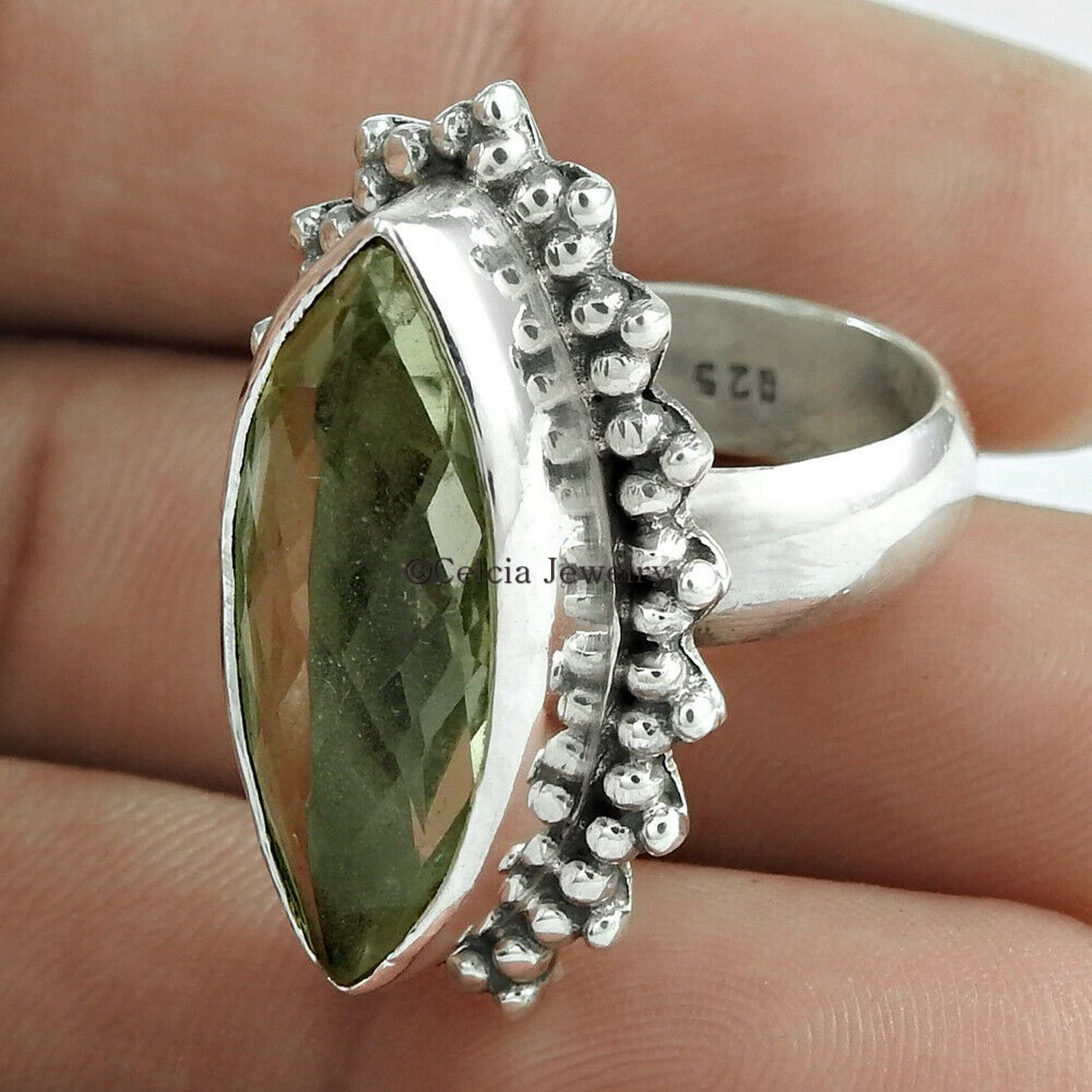 anillo boda con piedras preciosas genuinas de amatista verde, plata de ley 925 pura, anillo ansiedad, anillo declaración, anillo banda para mujer, joyería de diseñador hecha a mano para mujeres