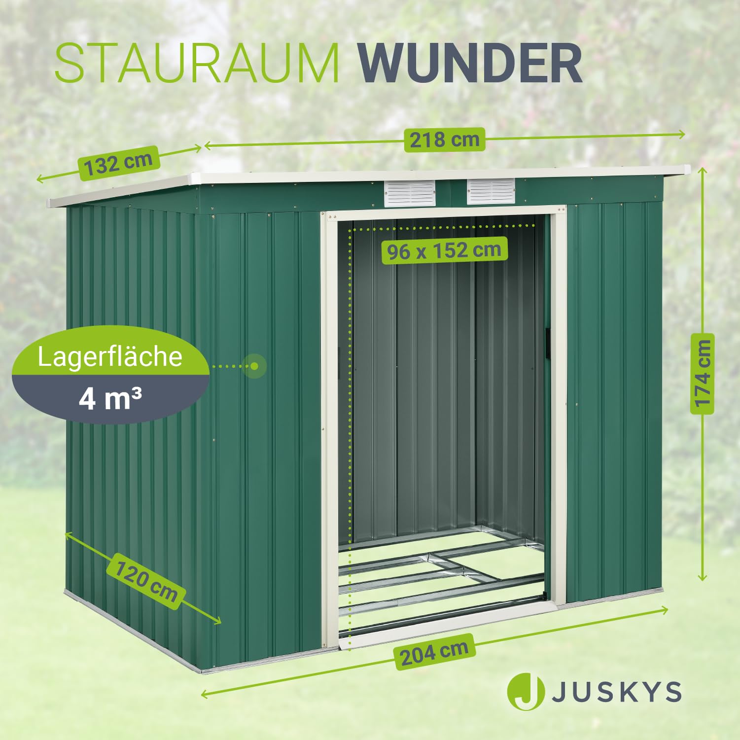 Juskys Metall Gerätehaus M 4 m³ mit Fundament, 213 x 130 x 173 cm, Geräteschuppen mit Pultdach & Schiebetür, Stahl Gartenhaus Garten Schuppen, grün