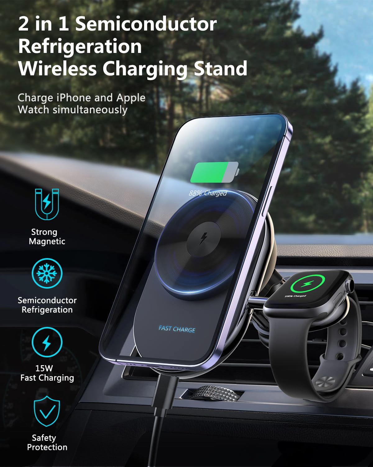 DearHot 2in1 Magnetic Ice Cooling Wireless Car Charger Holder for iPhone 15 Pro Max iWatch 9 Series Ultra SE,Magsafe Charger Compatible with iPhone 15/14/13/12 Series,Detachable Watch Charger