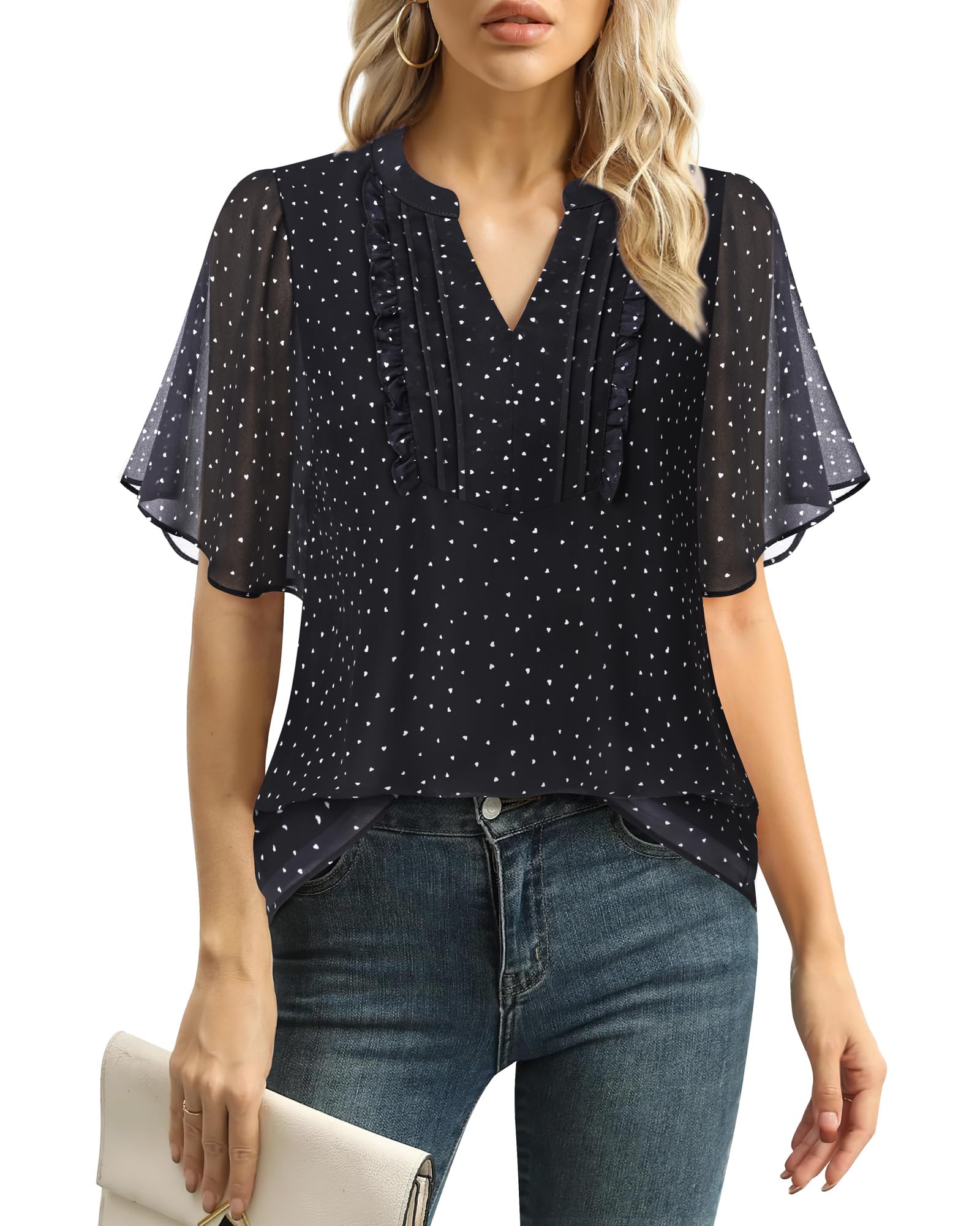 Furnex Womens Blouses Chiffon Ruffle Short Sleeve Tops Summer Pleated V Neck Casual Work Tops