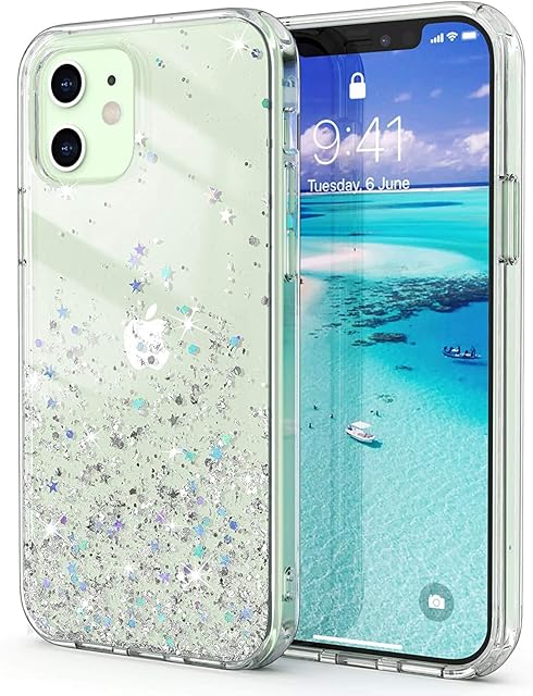 ULAK Compatible with iPhone 12 Mini Case, Clear Glitter Stars Case Sparkly Soft TPU + Hard PC Bumper Cover Bling for Women Girls Protective Phone Case for iPhone 12 Mini 5.4 inches - Silver Glitter