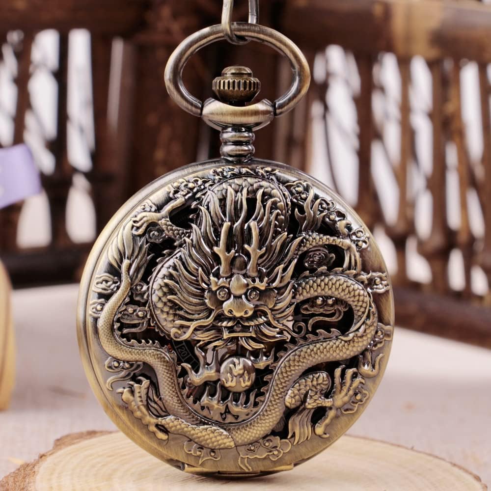 Personalization Pocket Watch Men's 3D Bronze Dragon Hand Wind Mechanical Roman Numerals Customized Pocket Watches Men Steampunk with Chain Box