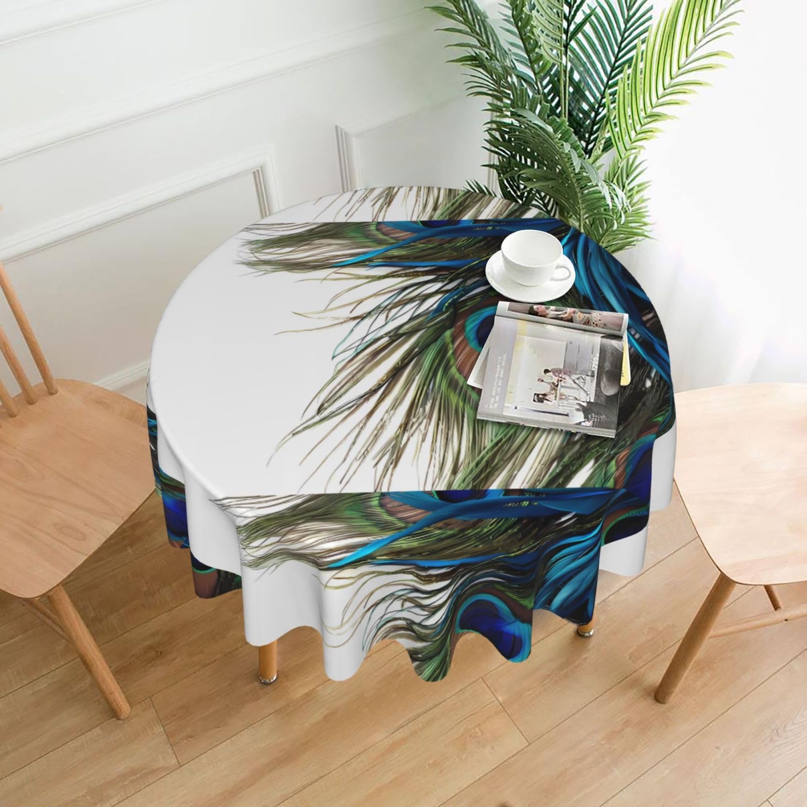 Whjssf Black Peacock Feather Prints Round Decorative Tablecloth 60In - High-Grade Polyester Table Throw For Dining & Outdoor Parties